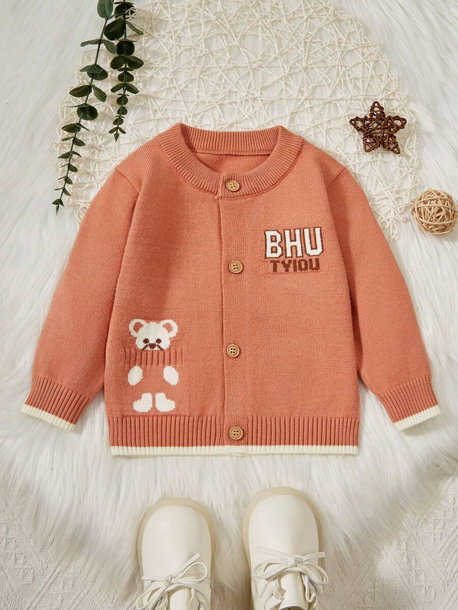 Baby Boys' Cartoon And Letter Pattern Cardigan Sweater - Redwood - View 1
