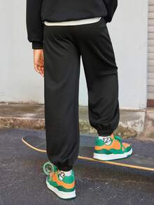 SHEIN 男孩鬆身針織運動長褲,字母拼接設計 - 黑色 - 查看 2