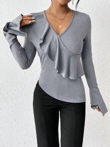 SHEIN Privé Women's Long Sleeve Ruffle Hem Design T-shirt - Dark Grey - View 3