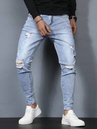 Manfinity CityGents Jeans slim fit strappati e sfilacciati da uomo, Jeans lungo, Cargo semplice blu chiaro, da indossare in occasione di uscite tra amici appassionati di Rock and Roll