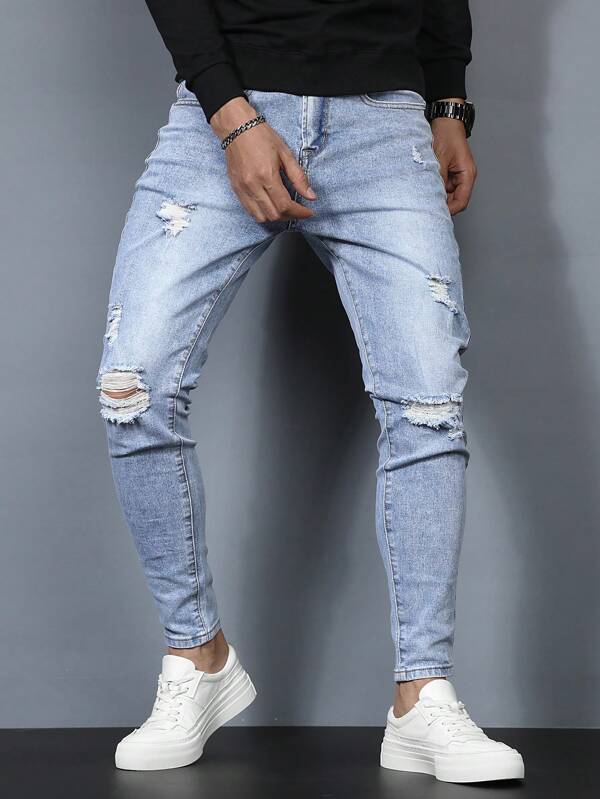 Manfinity CityGents Men Ripped Frayed Skinny Jeans Slim Fit Long Jean Cargo Plain Light Blue Going Out Rock And Roll Friends