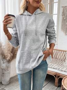 SHEIN LUNE Bọc Trở lại Thả vai Áo hoodie ấm áp - Xám - Xem 6