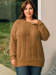 EMERY ROSE Plus Size Drop Shoulder Sweater Pullover - Brown - View 4