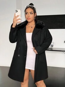 SHEIN EZwear Hơn Cổ áo Borg Đôi ngực Áo khoác - màu đen - Xem 1