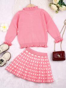 Baby Girls' Geometric Jacquard Frill Hem Sweater Set - Pink - View 2
