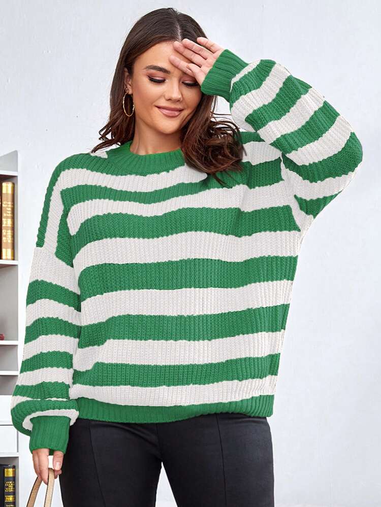 Plus Striped Pattern Drop Shoulder Sweater Knit Pullover Fall Winter Sweater