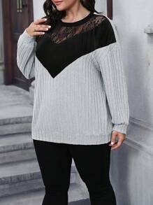 Calvaya Plus Size Patchwork Lace Contrast Sweatshirt Graduation,Back To School,Graduation,Teacher For Women,Back To School Pullover Fall Winter Sweatshirt Autumn - Multicolor - View 3