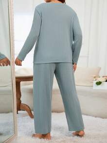 大尺碼女士字母印花長袖上衣和長褲套裝,家居服 - 綠色 - 查看 3