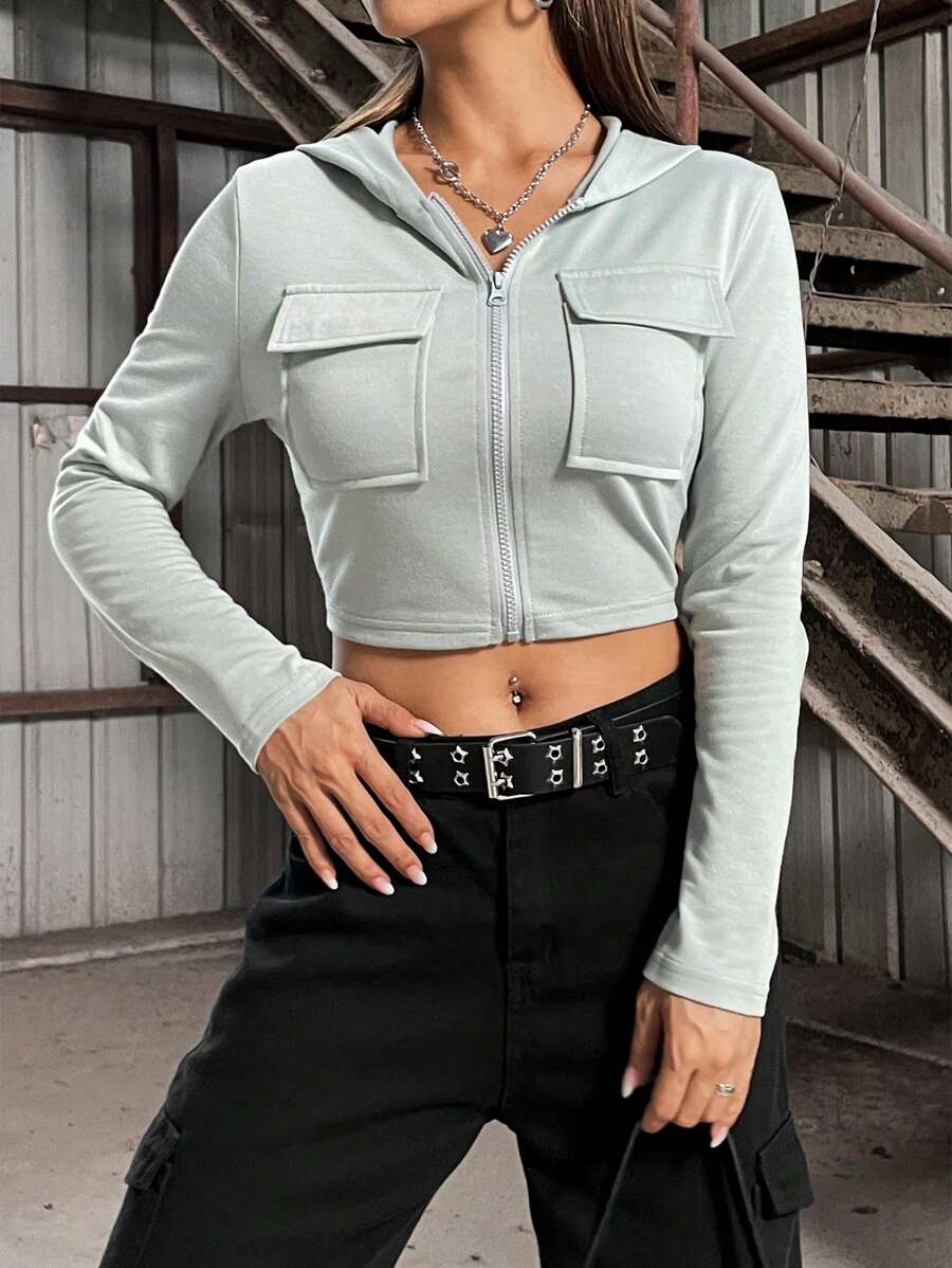 SHEIN Unity Flap Pocket Zip Up Crop Hoodie Pullover Fall Outfit - Grey - View 1