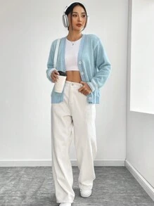 SHEIN Unity 條紋飾邊落肩蓬鬆針織開襟衫 - 寶藍色 - 查看 5