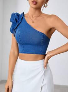 SHEIN Essnce 單肩荷葉邊牛仔上衣 - 中等水洗藍 - 查看 6