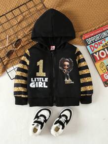 Baby Girls' Striped Character & Letter Printed Hooded Jacket - Black - View 1
