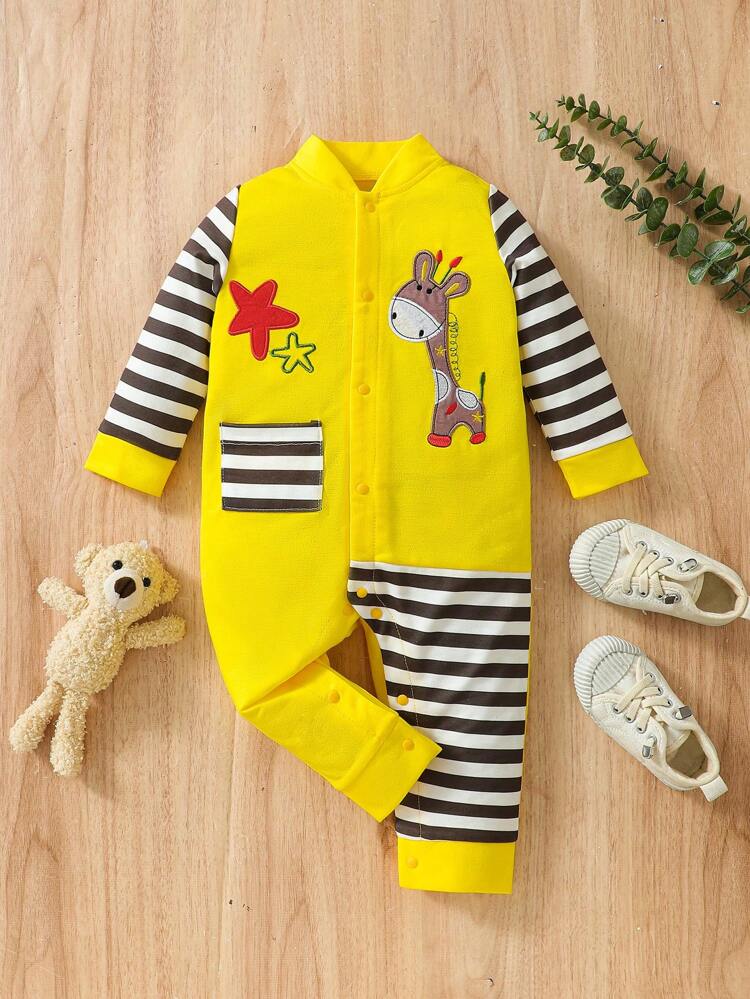 Infant Girls' Striped Jumpsuit With Giraffe Embroidery