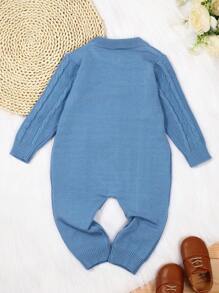 Baby Boy Button Front Cable Knit Jumpsuit - Blue - View 2