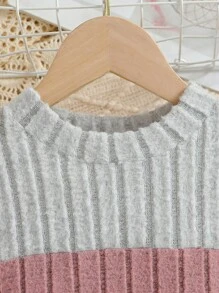 SHEIN 年輕女孩新款圓領長袖拼色肋織T恤 - 彩色 - 查看 5