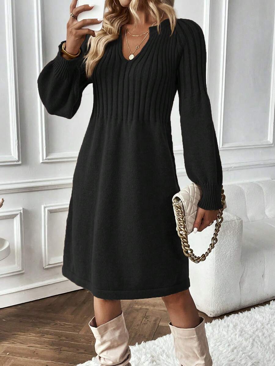 SHEIN LUNE Của phụ nữ Tay áo lồng đèn Đầm Với Chải Đường viền cổ chữ V - màu đen - Xem 1