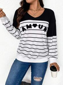 SHEIN Frenchy 加大尺碼女士條紋字母印花運動衫 - 黑與白 - 查看 1