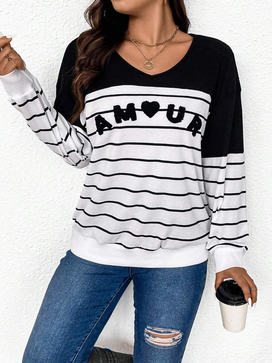 SHEIN Frenchy 加大尺碼女士條紋字母印花運動衫 - 黑與白 - 查看 1