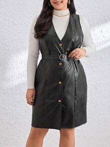 SHEIN Essnce Women's Plus Size Single Breasted Suspender Dress - Black - View 4