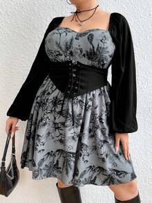 Flirla Plus Floral Print Lace Up Front Lantern Sleeve Dress - Multicolor - View 7