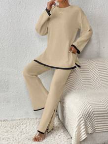 Chiquease Women's Color Block Sweater And Pants Set With Hem Slit Detail - Apricot - View 3