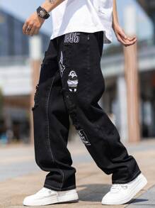Manfinity Roghcode Men Cotton Cartoon Letter Patched Ripped Jeans Baggy Long Frayed Jean Cargo Plain Black Party Street Wear Rapper - Black - View 4