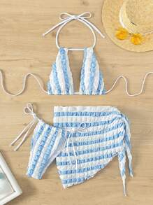 SHEIN Swim Ladies Blue & White Striped Design Three-piece Bikini Set - Blue and White - View 5