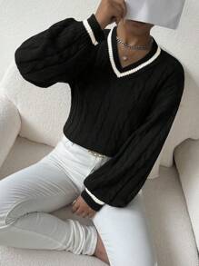 Chiquease Lantern Sleeves Striped Cable Knit Sweater,Long Sleeve Tops