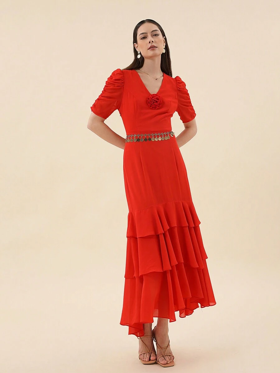 SHEIN Privé 3D Flower Patched Ruched Puff Sleeve Layer Hem Dress Without Belt - Red - View 1