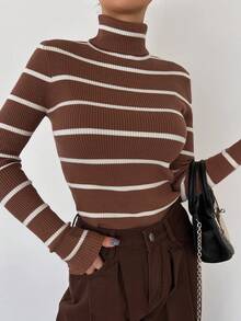 DAZY Striped Pattern Turtleneck Sweater - Brown - View 6