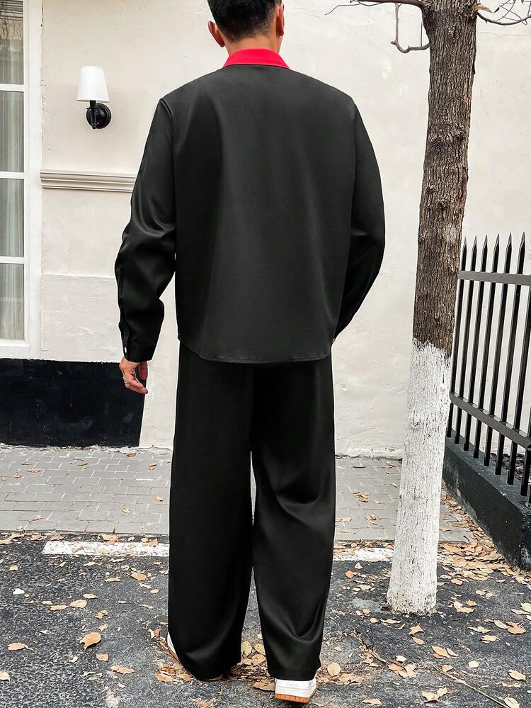 Men Plus Color Block Long Sleeve Shirt And Pants Set