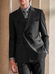 Men's Peak Lapel Double-breasted Suit Jacket - Black - View 1