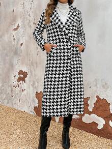 Chiquease Houndstooth Print Lapel Neck Overcoat - Apricot - View 3