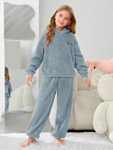 SHEIN Cô gái Tween Thêu Chữ Thiết kế tai 3D áo có mũ Flannel Bộ hoodie & Quần PJ - Màu xanh bụi bặm - Xem 5