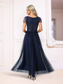 Vestido Largo De Lentejuelas Y Cuentas En Color Azul Marino - Azul Marino - Ver 2