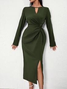 SHEIN Privé Women's Keyhole Neckline Slit Front Dress - Green - View 2