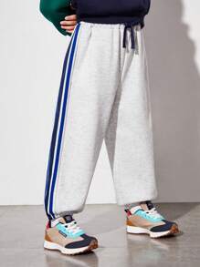 SHEIN Pantalones Knitted Cómodos Y Casuales Para Niños Pequeños Con Franjas Laterales Y Cinta Tejida Con Etiqueta De Marca En Inglés