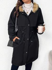 SHEIN Frenchy 大码连帽夹棉大衣，采用收腰设计和流苏边缘 - 黑色 - 查看 5