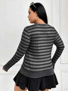 SHEIN EZwear Women's Plus Size Striped V-neck T-shirt - Dark Grey - View 2