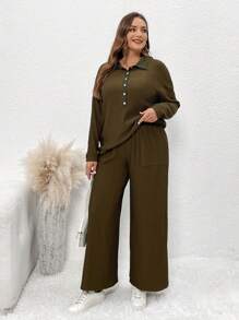 SHEIN LUNE Bộ áo phông hở vai trơn cài nút nửa xẻ tà cỡ lớn dành cho nữ và quần ống rộng - Cà phê nâu - Xem 7