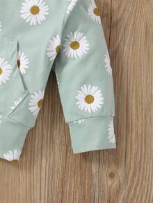2pcs Baby Girls' Cute Flower Printed Kangaroo Pocket Hoodie And Pants Set, Soft & Comfortable, Casual - Multicolor - View 4