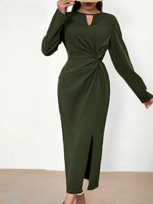 SHEIN Privé Women's Keyhole Neckline Slit Front Dress - Green - View 5