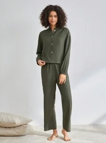 Ocili Leisure Women's Stand Collar Single-Breasted Homewear Top - Army Green - View 4