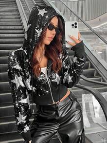 SHEIN ICON Cazadora de mujeres con estrella con lentejuelas con capucha - Blanco y Negro - Ver 2