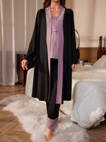 Moonlight&Mama 孕妇简约拼接睡衣套装，适合妈妈们秋冬穿着 - 彩色 - 查看 6