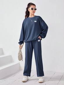 SHEIN 青少女字母拼接掉肩上衣和運動長褲 - 水鴨藍 - 查看 5