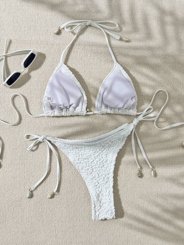 Solid Color Triangle Cup Halter Neck Tie Bikini Set Summer