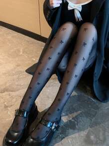 蝴蝶圖案褲襪 - 黑色 - 查看 5