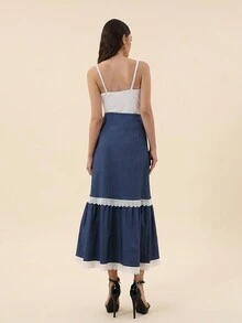 SHEIN Privé 撞色孔眼刺繡飾邊荷葉邊下擺半身裙 - 藏蓝色 - 查看 2