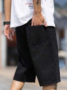 Manfinity Hypemode Men Cotton Flap Pocket Side Denim Shorts Going Out Plain Denim Jorts Baggy Plain Black Denim Shorts, For Husband, Boyfriend Gifts Going Out Hang Out Commute Street College - Black - View 5